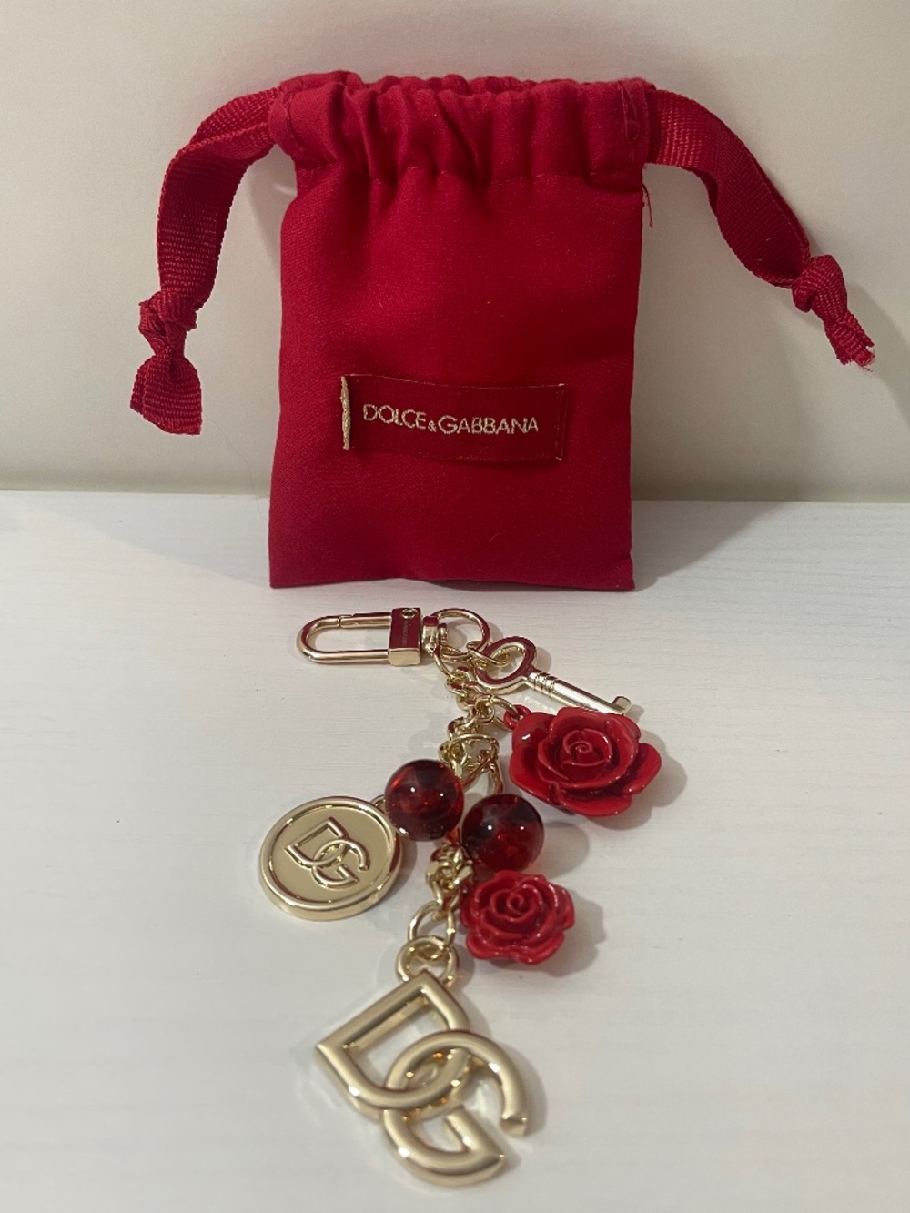 Dolce & Gabbana Golden Red Rose & Cherry Charm Keyring Key Chain New in Dustbag